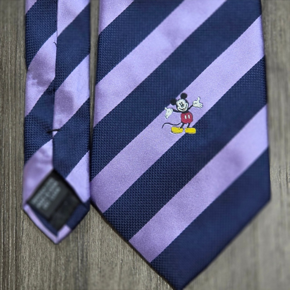 Walt Disney World Mickey Mouse Striped Tie Navy Purple Silk Blend Mens Necktie - Picture 2 of 5